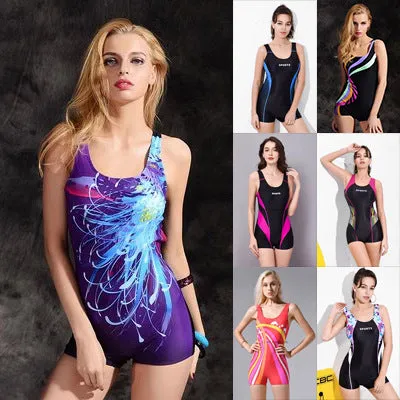 Women's quick-dry polyester one-piece swimsuit in a conservative sleeveless style