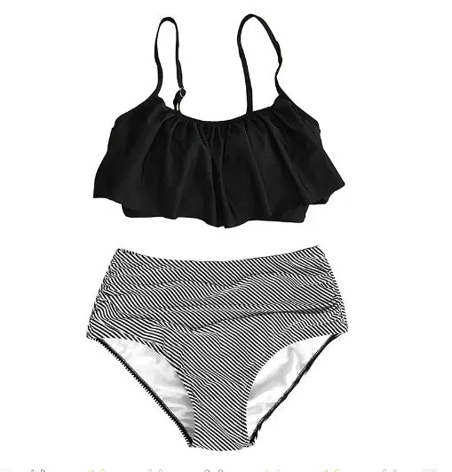 Green high-waisted women's swimsuit with ruffles and a backless brief style.