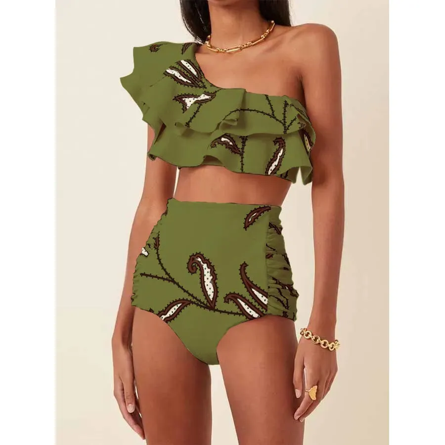 Women's printed bikini suit with oblique shoulder ruffles and high-waist briefs in multiple colours