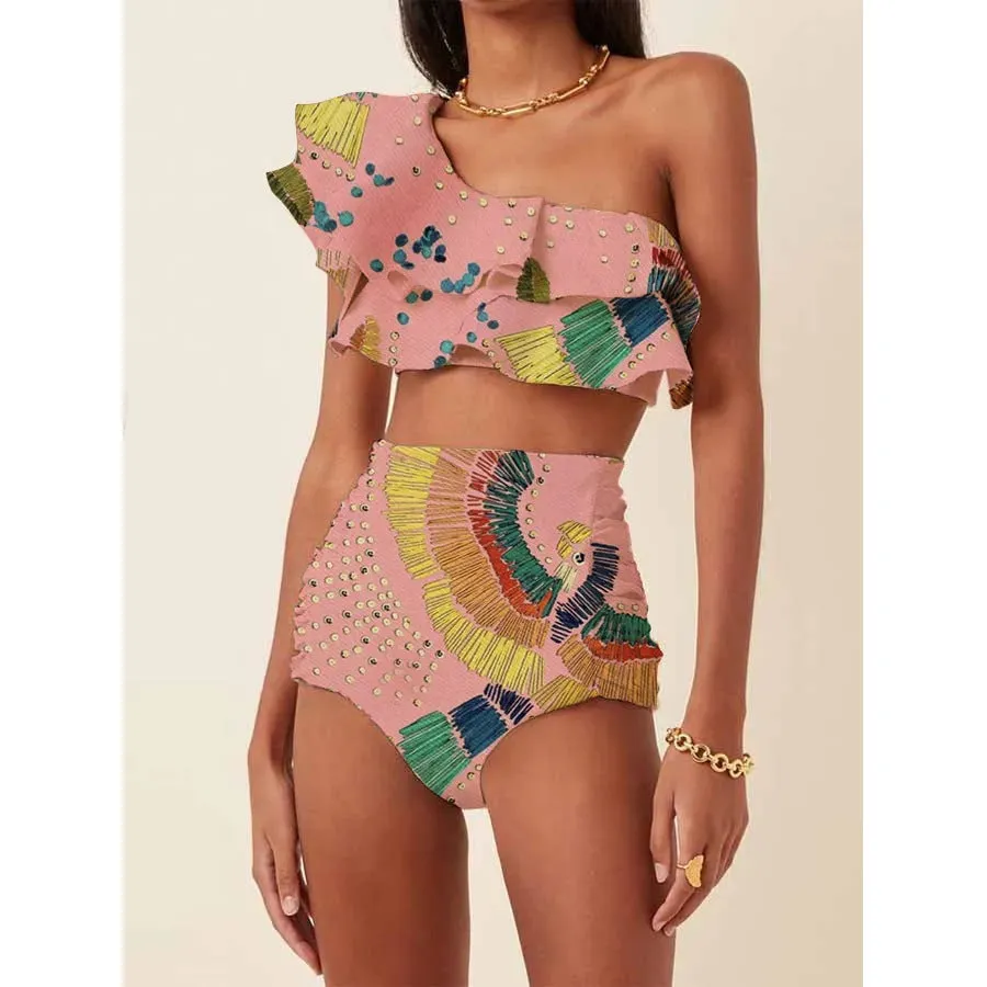 Women's printed bikini suit with oblique shoulder ruffles and high-waist briefs in multiple colours