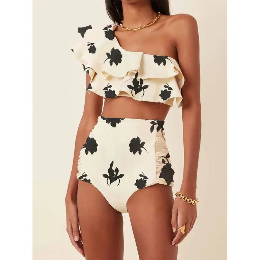 Women's printed bikini suit with oblique shoulder ruffles and high-waist briefs in multiple colours