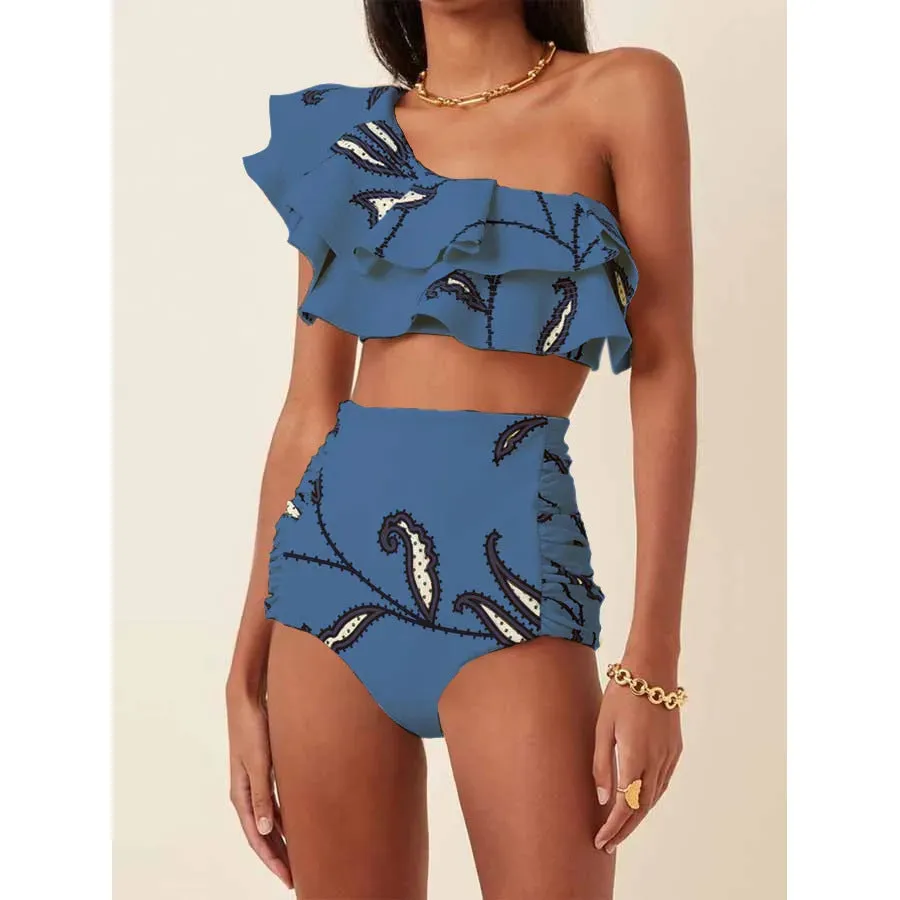 Women's printed bikini suit with oblique shoulder ruffles and high-waist briefs in multiple colours