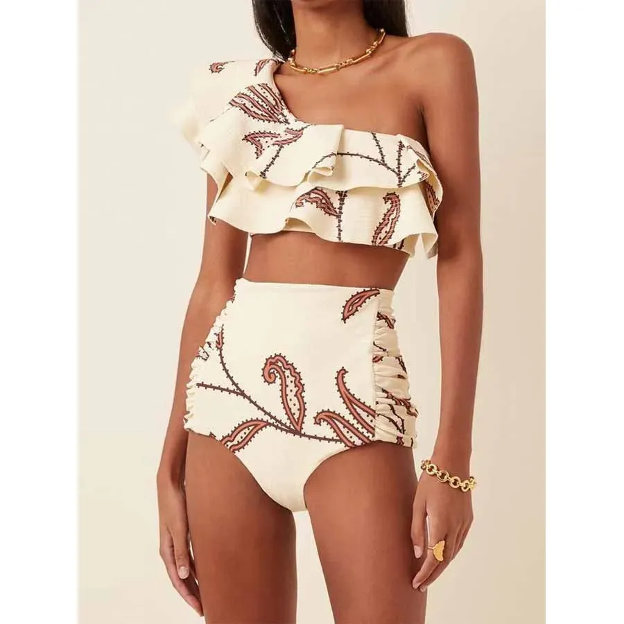 Women's printed bikini suit with oblique shoulder ruffles and high-waist briefs in multiple colours