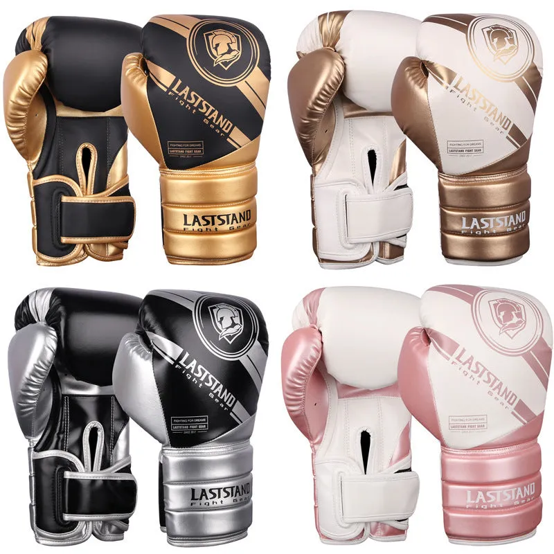 A pair of professional PU leather boxing gloves for Sanda training, shown in black and silver colour.