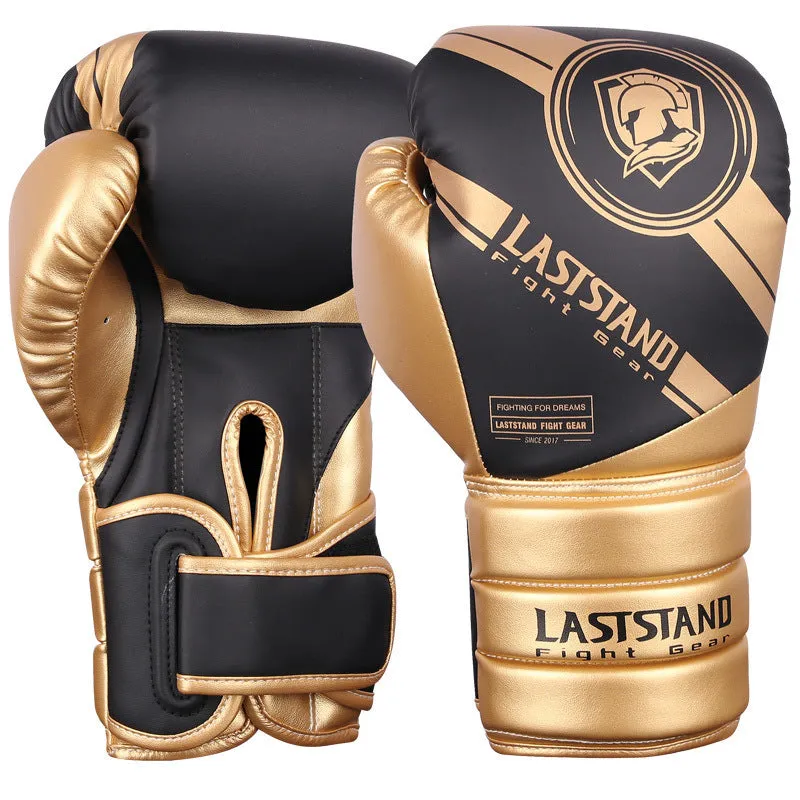 A pair of professional PU leather boxing gloves for Sanda training, shown in black and silver colour.