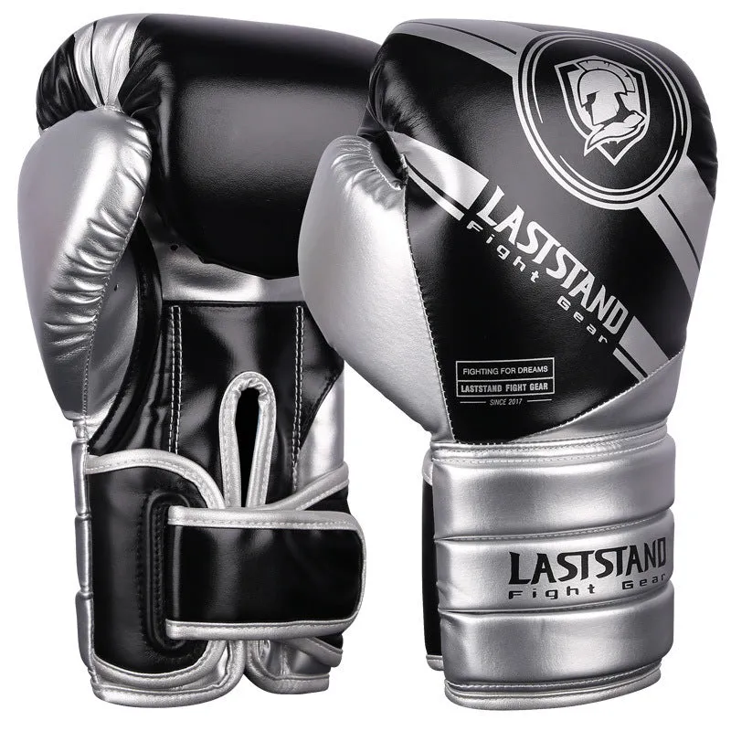 A pair of professional PU leather boxing gloves for Sanda training, shown in black and silver colour.