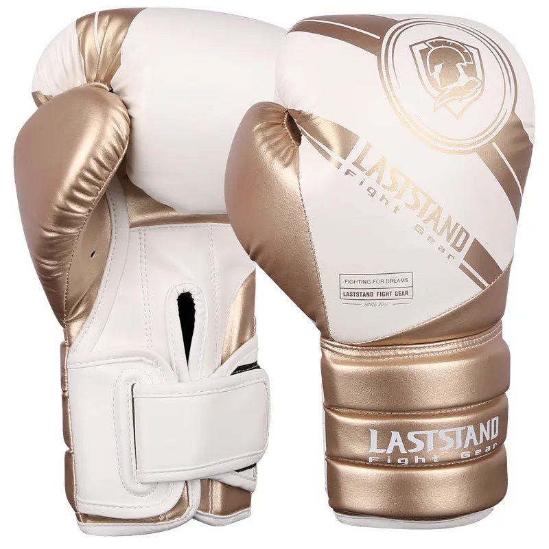 A pair of professional PU leather boxing gloves for Sanda training, shown in black and silver colour.