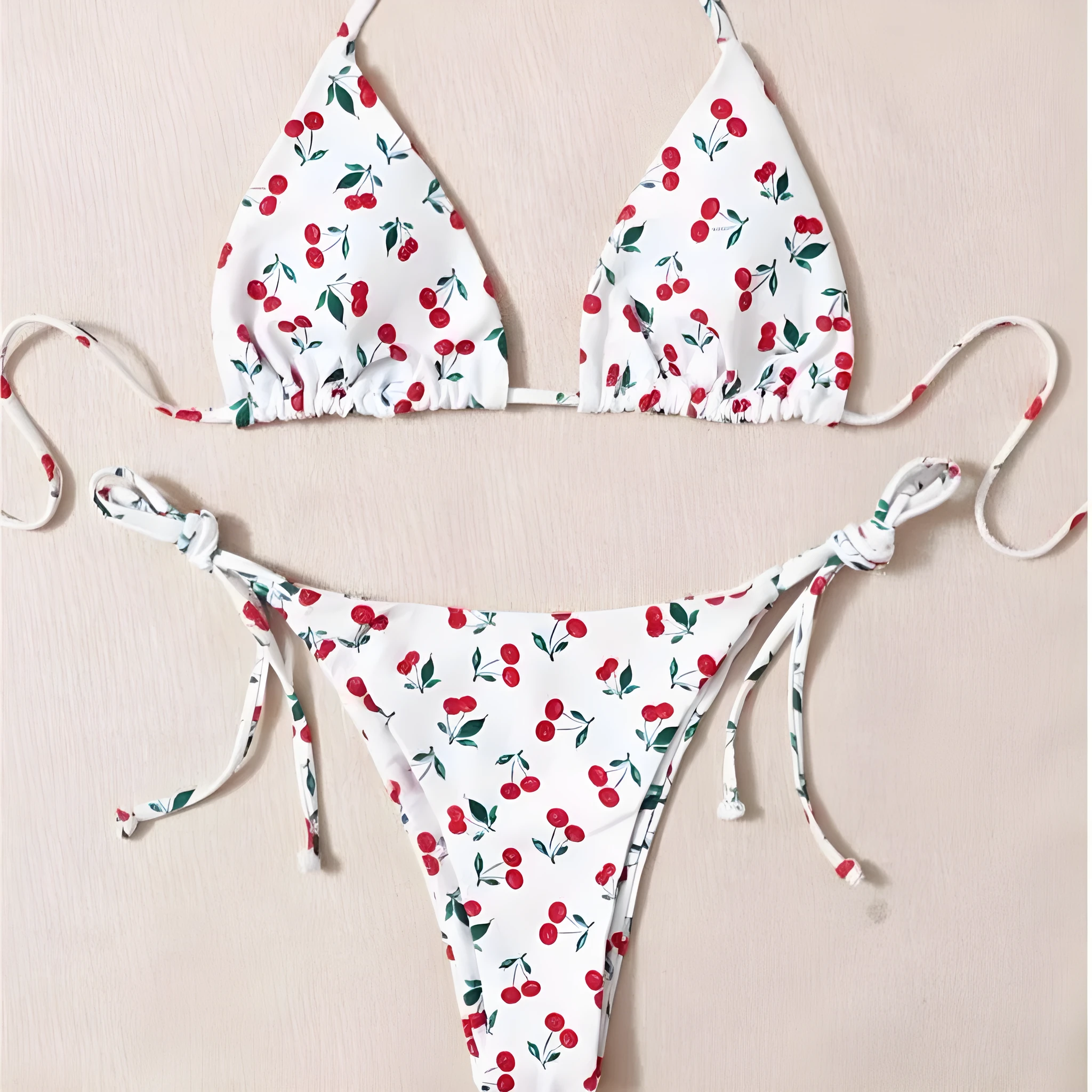 Women's holiday split halter bikini swimsuit in Picture Colour with backless design