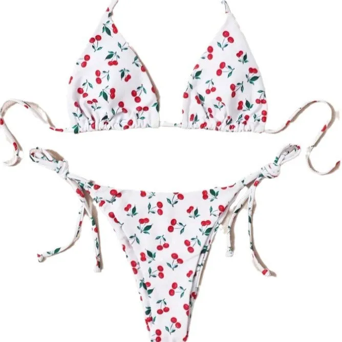 Women's holiday split halter bikini swimsuit in Picture Colour with backless design