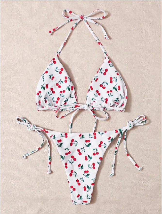 Women's holiday split halter bikini swimsuit in Picture Colour with backless design