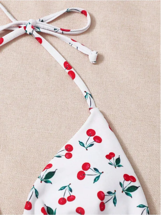 Women's holiday split halter bikini swimsuit in Picture Colour with backless design