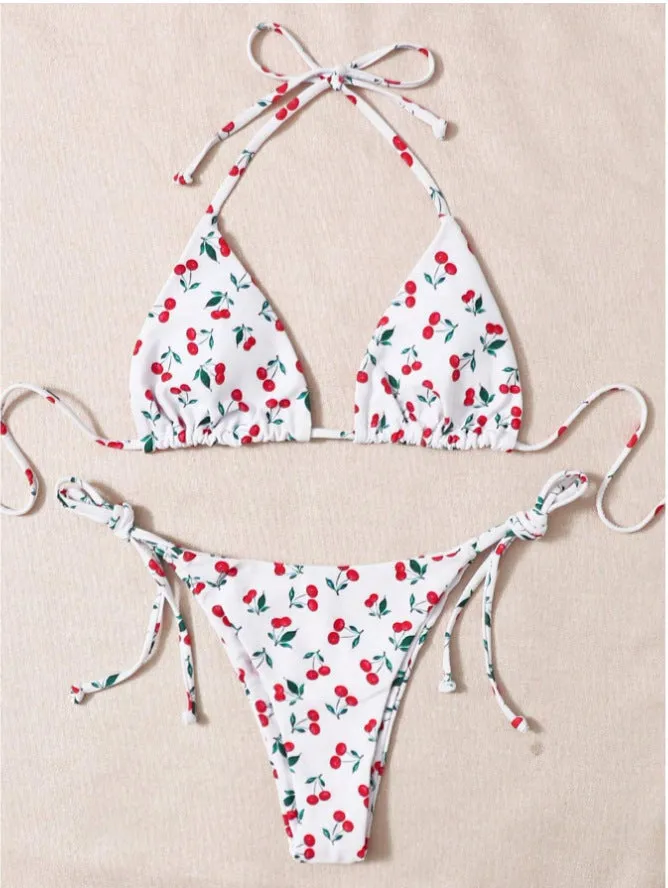 Women's holiday split halter bikini swimsuit in Picture Colour with backless design