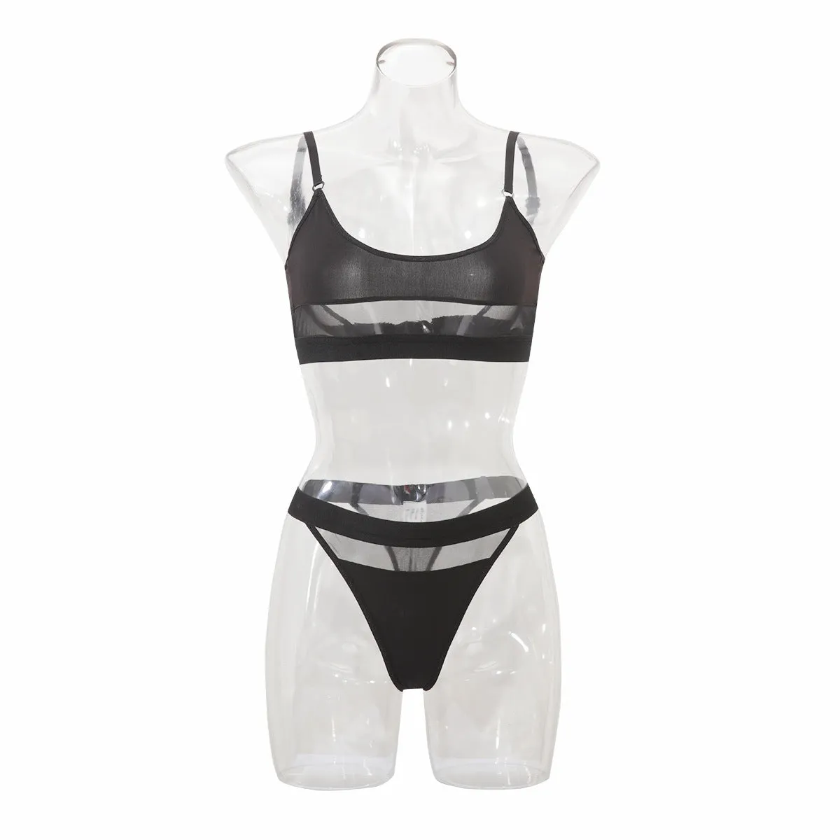 Women's black bra and panty set with full cup coverage and fixed double shoulder straps
