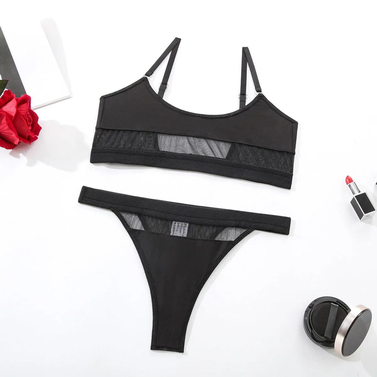 Women's black bra and panty set with full cup coverage and fixed double shoulder straps