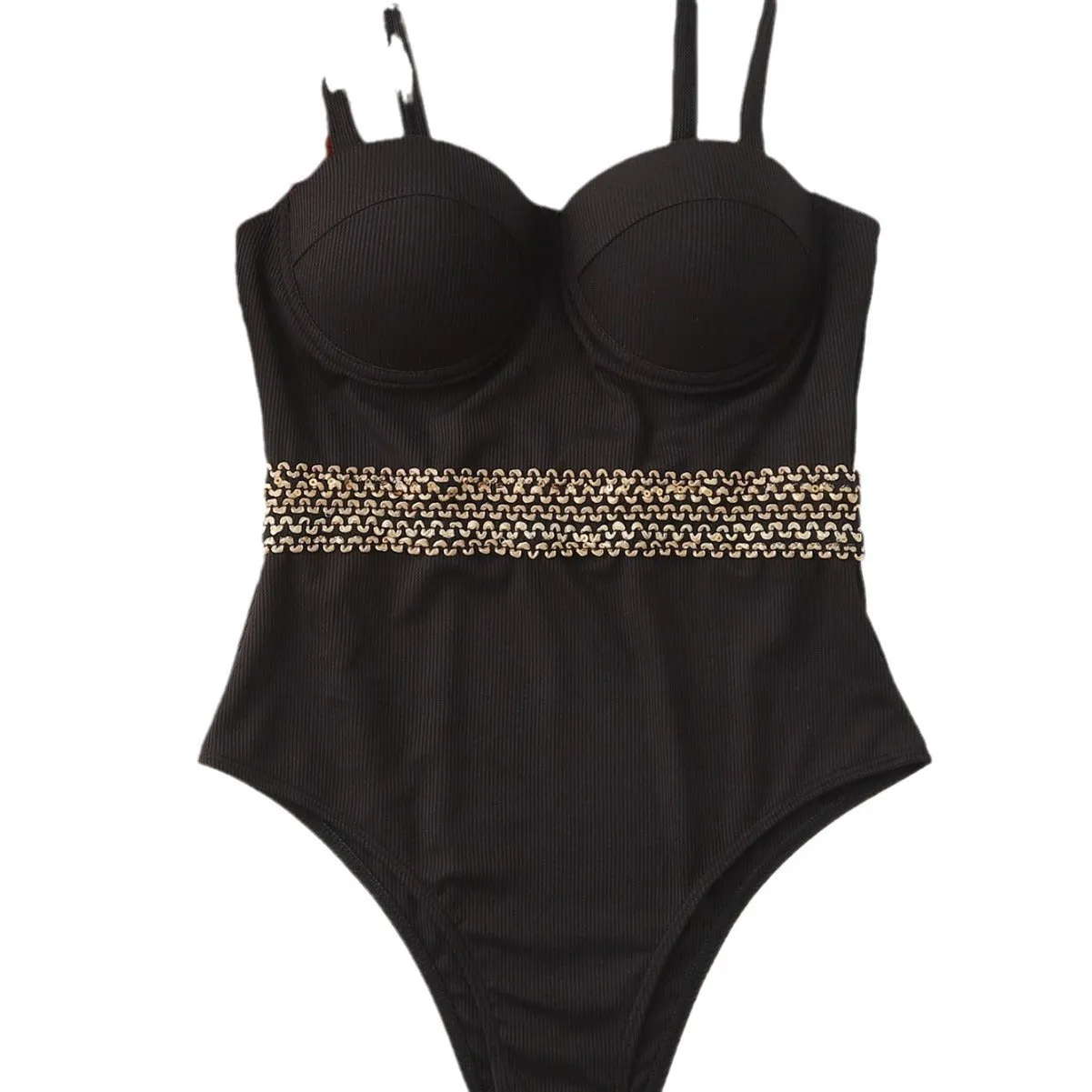 Black one-piece women's swimsuit with adjustable shoulder straps