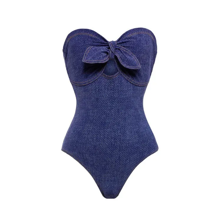 Women's vintage denim style one-piece swimsuit with matching skirt in Y258 colour