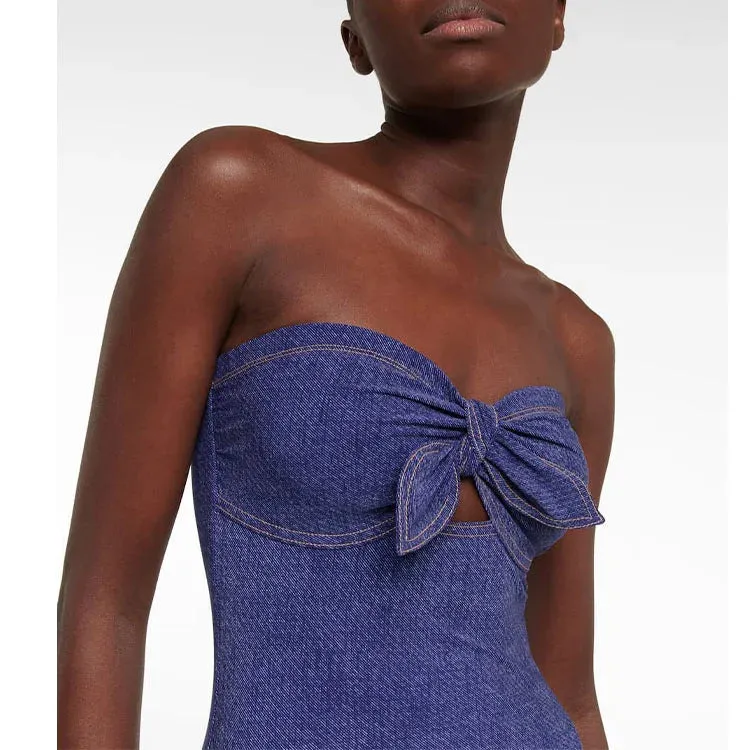 Women's vintage denim style one-piece swimsuit with matching skirt in Y258 colour