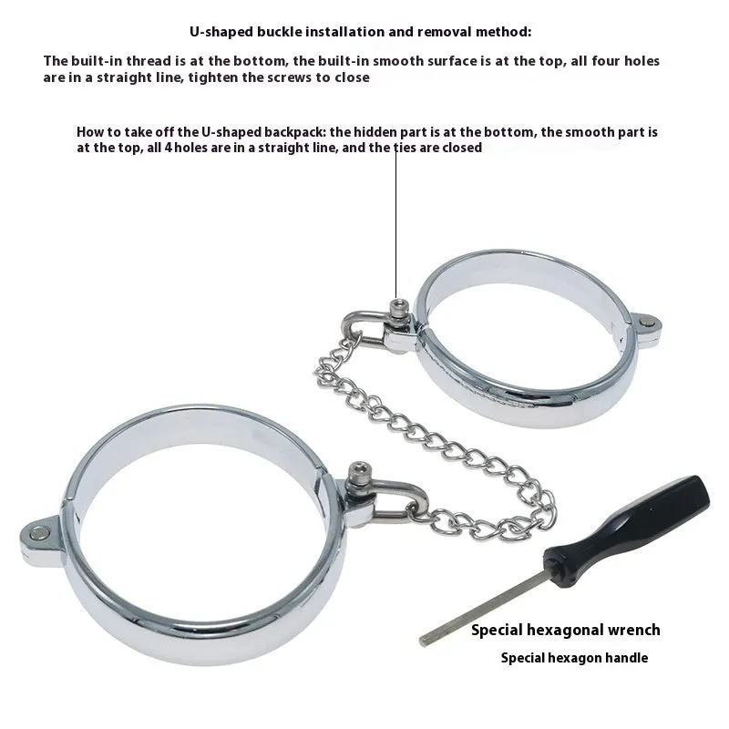 Silver zinc alloy handcuffs and footcuffs set with stainless steel bracelet attachments