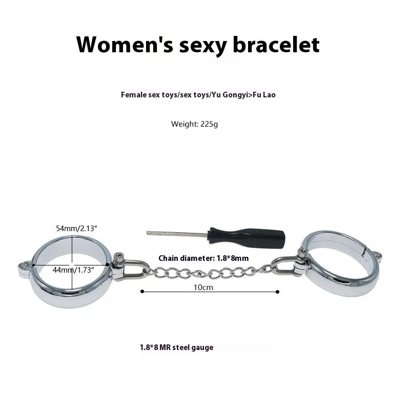Silver zinc alloy handcuffs and footcuffs set with stainless steel bracelet attachments