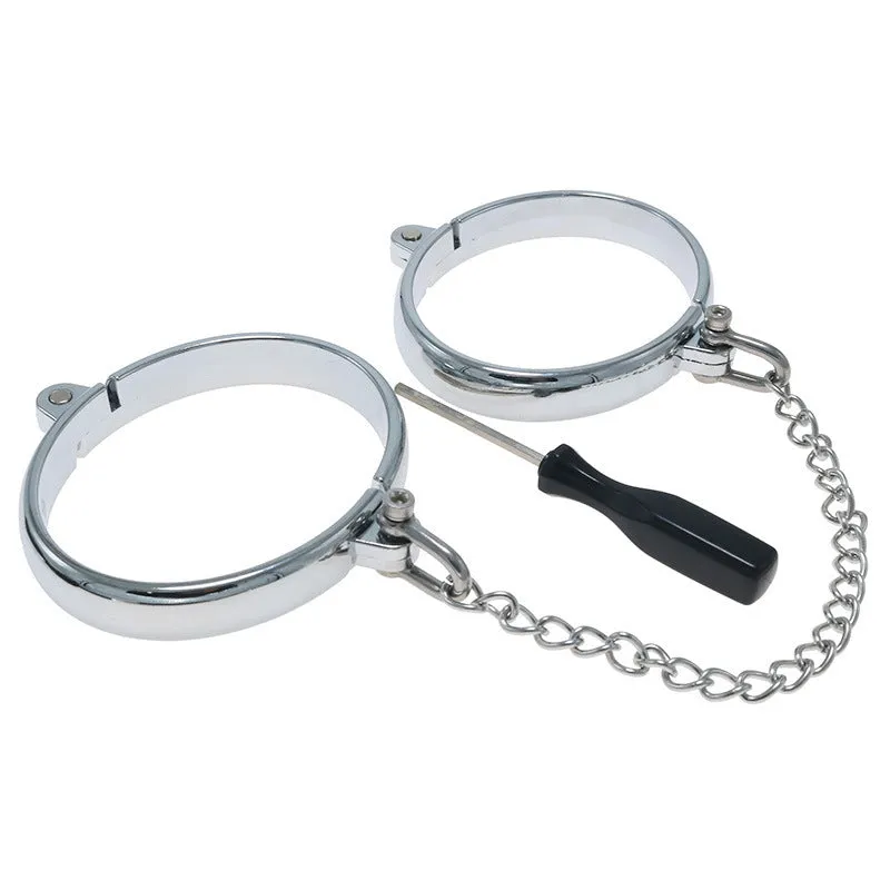 Silver zinc alloy handcuffs and footcuffs set with stainless steel bracelet attachments