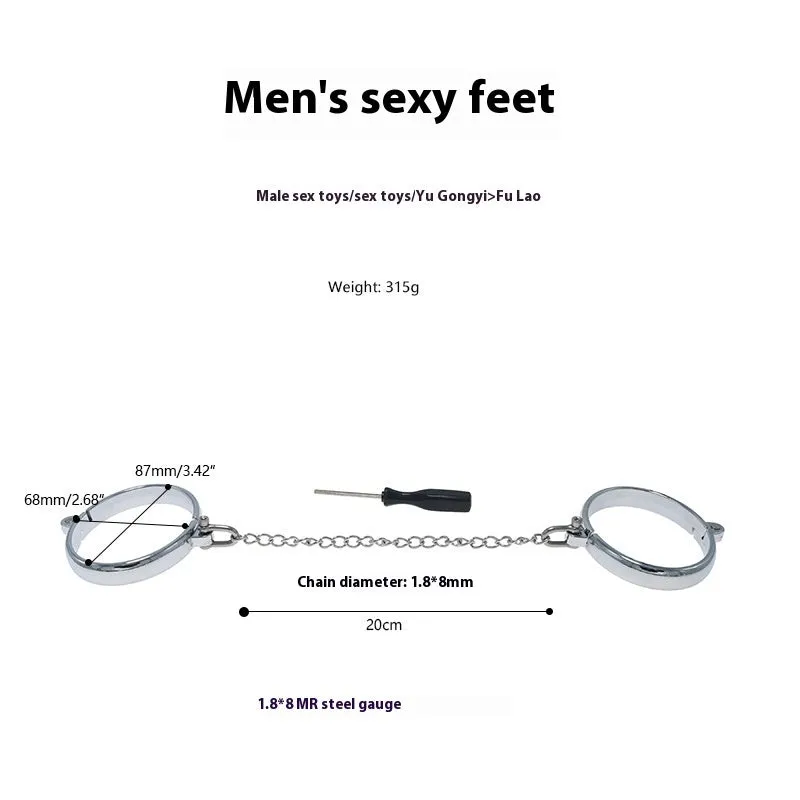 Silver zinc alloy handcuffs and footcuffs set with stainless steel bracelet attachments