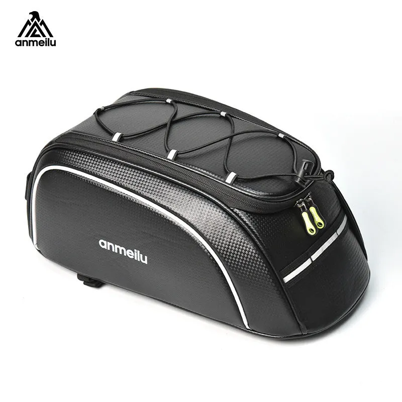 Waterproof black bicycle rack bag mounted on rear bicycle rack showing 8-litre capacity dimensions