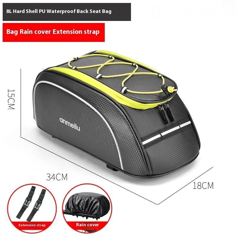 Waterproof black bicycle rack bag mounted on rear bicycle rack showing 8-litre capacity dimensions