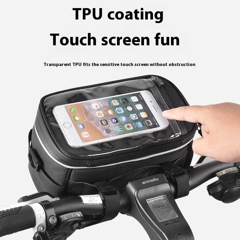 Black 7 inch polyester bicycle handlebar bag mounted on bike