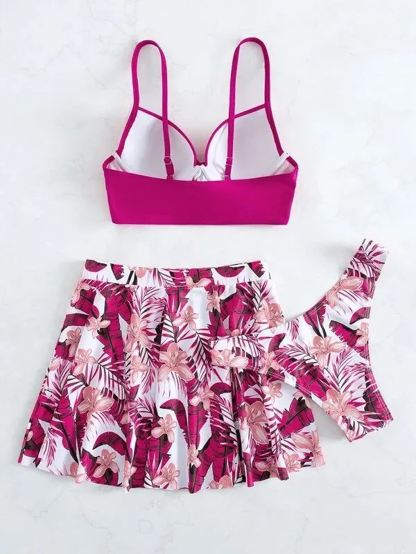 Women's three-piece bikini set with high-waist briefs providing belly coverage in polyester fabric