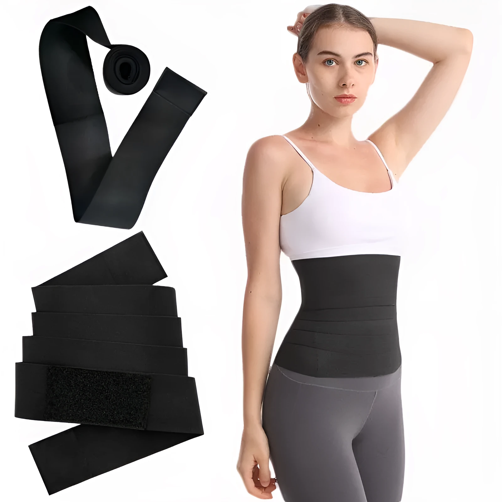 Latex silk waist trainer exercise belt on a 10cm width roll, showing its thickening polyester fabric.