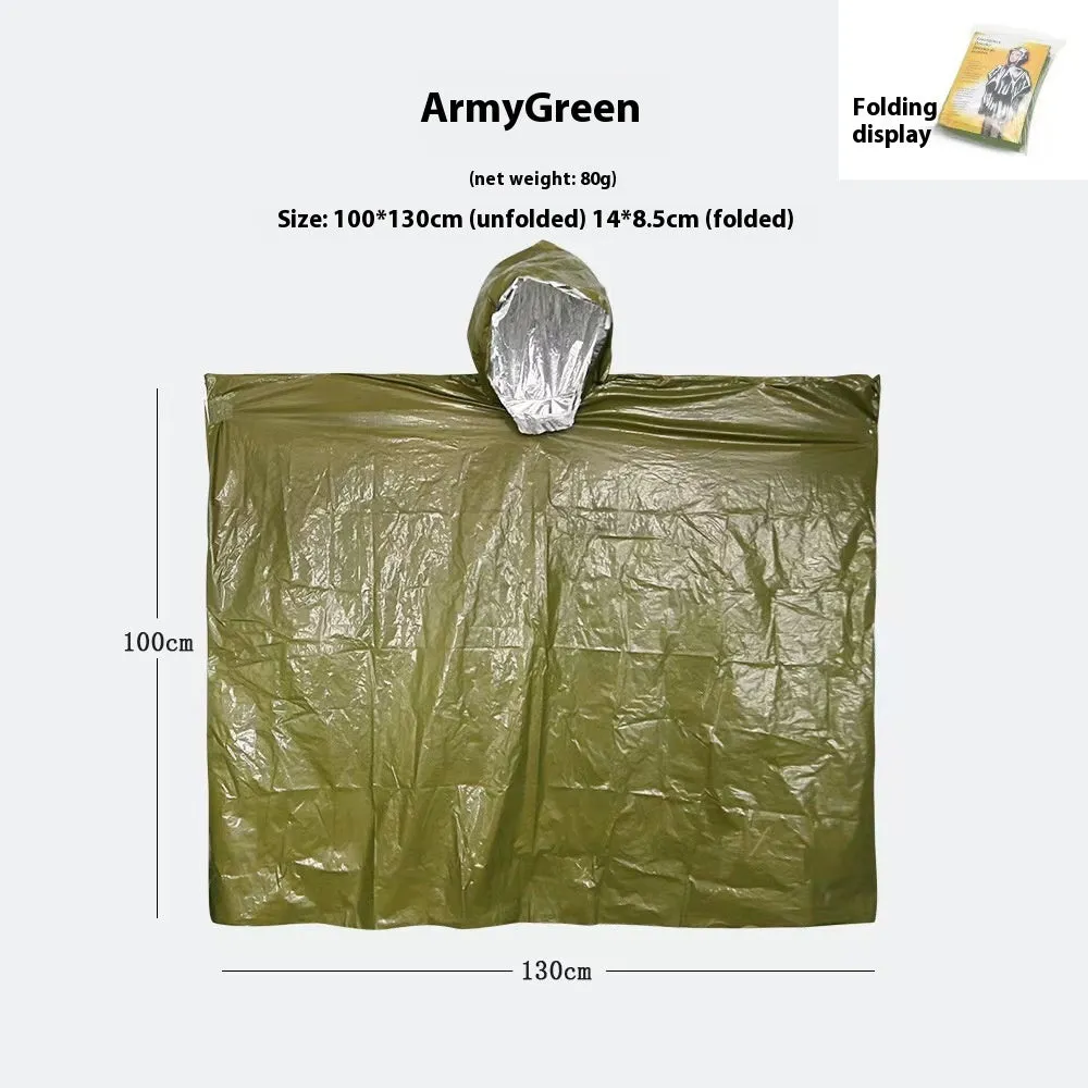 Orange and army green Marathon Wild cross-country raincoat laid flat, showing its 100x130cm size.