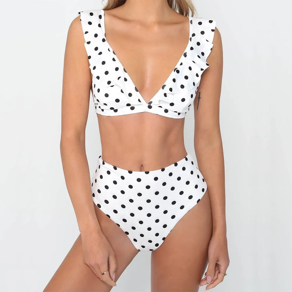 Women's polka dot print ruffled bikini set with deep V-neck top