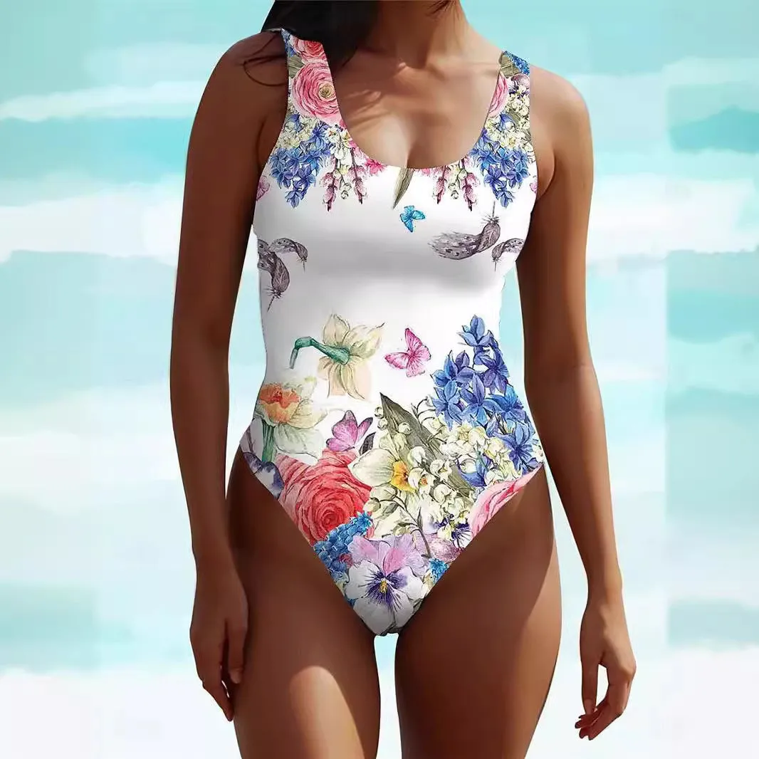 Women's sleeveless bohemian style swimsuit dress in spandex fabric showing colour pattern options