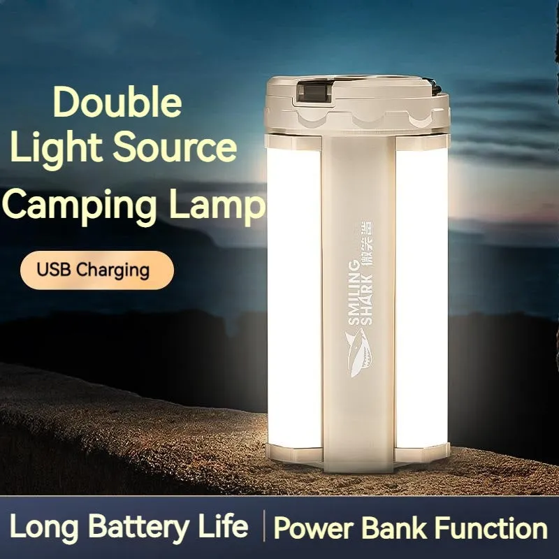 Camping lamp with magnetic charging port showing blue LED indicators and compact 62mm square design