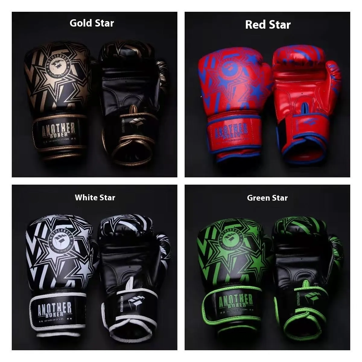Children's boxing Sanda gloves in gold, red, white, green, and lake blue colours showing vertical style design.