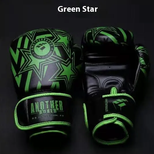Children's boxing Sanda gloves in gold, red, white, green, and lake blue colours showing vertical style design.