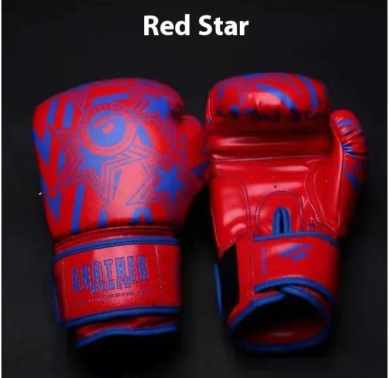 Children's boxing Sanda gloves in gold, red, white, green, and lake blue colours showing vertical style design.