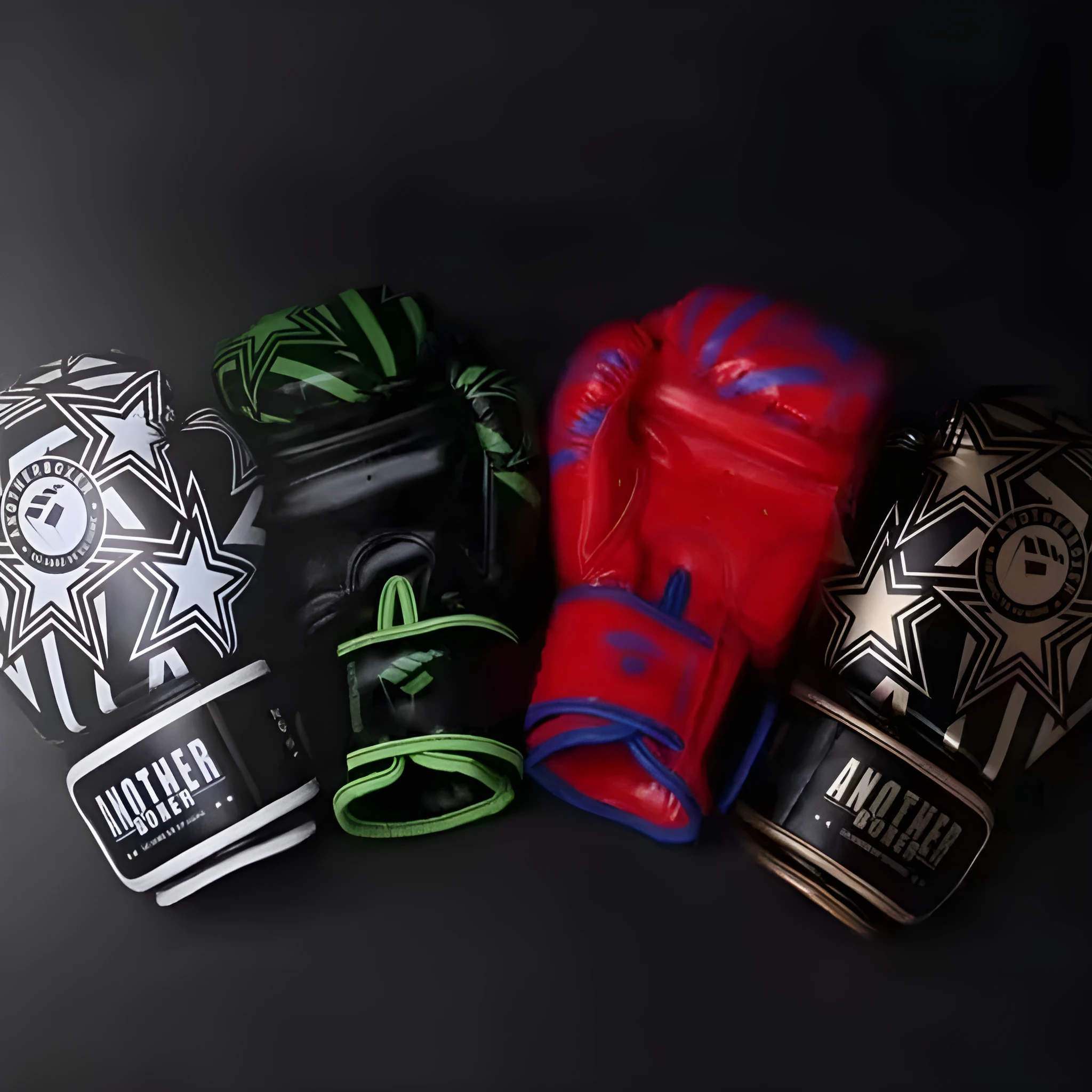 Children's boxing Sanda gloves in gold, red, white, green, and lake blue colours showing vertical style design.