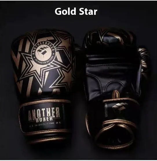 Children's boxing Sanda gloves in gold, red, white, green, and lake blue colours showing vertical style design.