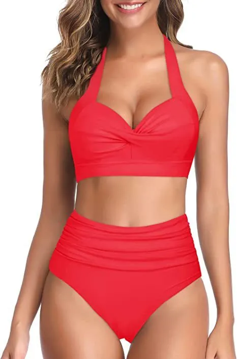 Women's split bow bikini swimsuit on a white background showing colour options