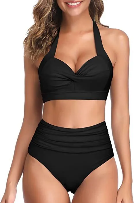 Women's split bow bikini swimsuit on a white background showing colour options