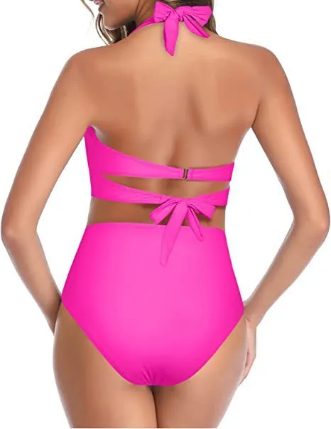 Women's split bow bikini swimsuit on a white background showing colour options