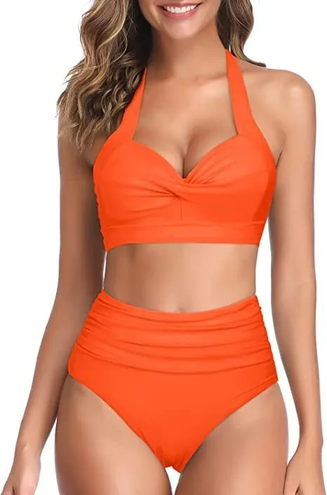 Women's split bow bikini swimsuit on a white background showing colour options