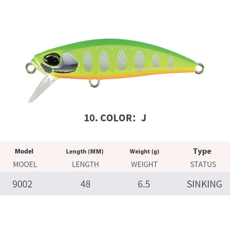Japanese submerged minnow fishing lure in assorted colours, 48mm long.