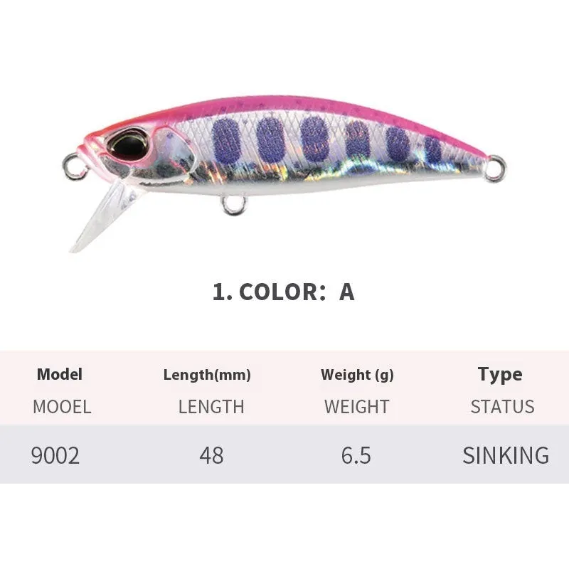 Japanese submerged minnow fishing lure in assorted colours, 48mm long.