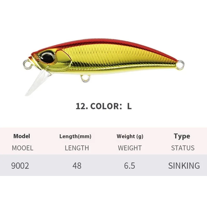 Japanese submerged minnow fishing lure in assorted colours, 48mm long.