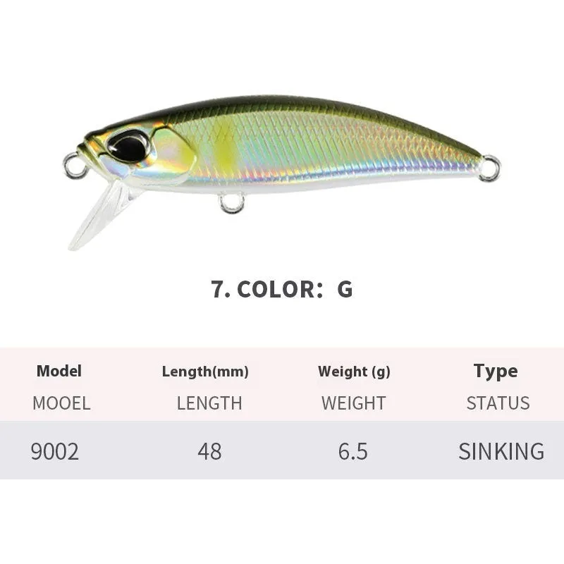 Japanese submerged minnow fishing lure in assorted colours, 48mm long.