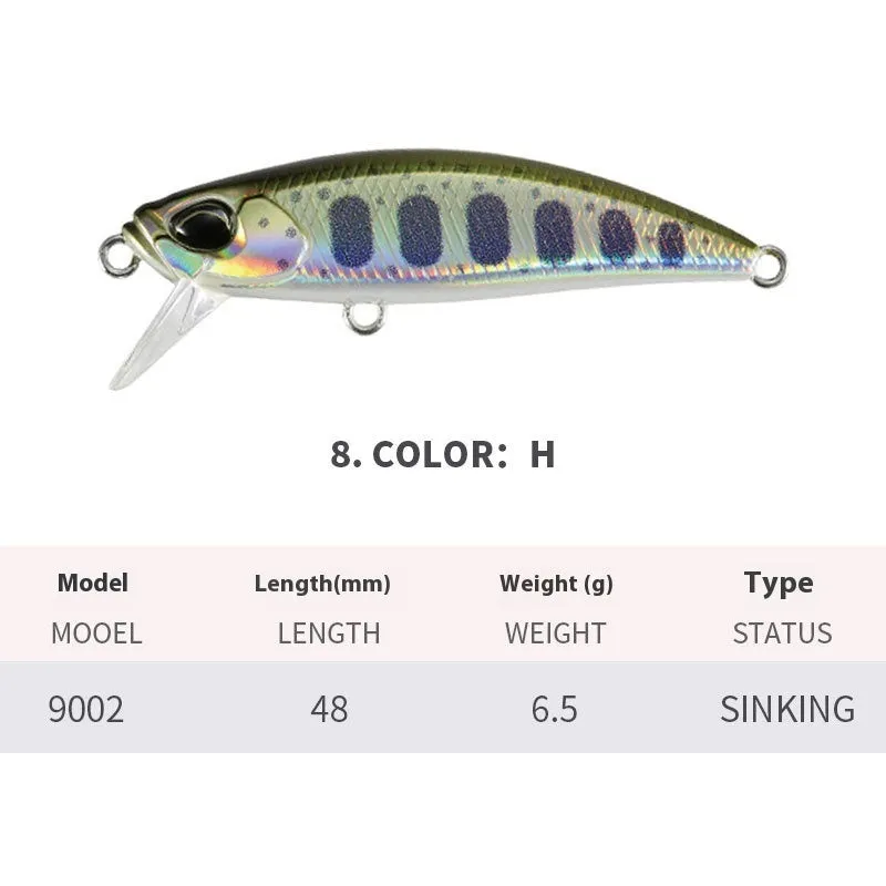 Japanese submerged minnow fishing lure in assorted colours, 48mm long.