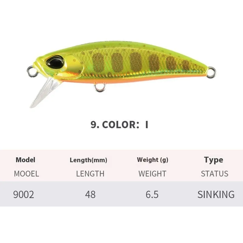 Japanese submerged minnow fishing lure in assorted colours, 48mm long.