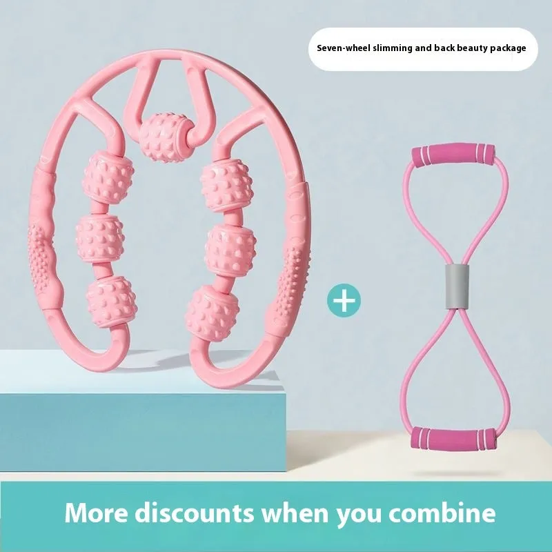 A handheld leg massage roller clip with multiple wheels, shown in a pink colour option.